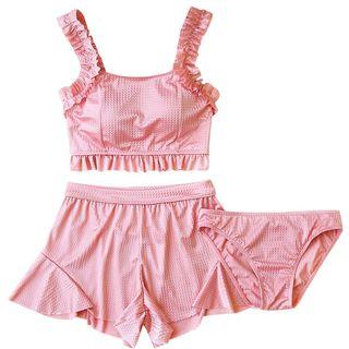 Set: Frill Trim Patterned Bikini + Shorts