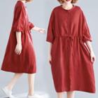3/4-sleeve Drawstring-waist A-line Dress Red - One Size