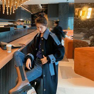 Color Block Panel Lapel Single-breasted Wool Coat