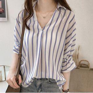 Bell-sleeve Striped Chiffon Blouse