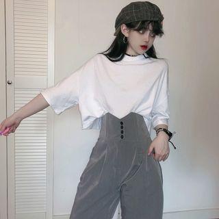 Elbow-sleeve Plain T-shirt / High Waist Shorts