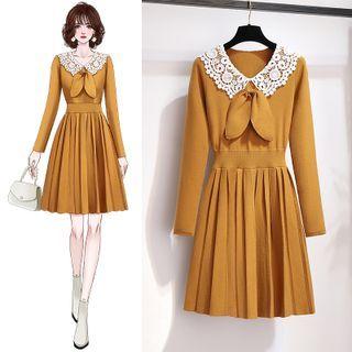 Lace Collar Pleated Mini A-line Dress