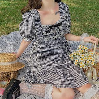 Puff-sleeve Checked Frill Trim A-line Mini Dress As Shown In Figure - One Size
