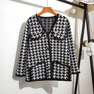 V-neck Color-block Houndstooth Woolen Cardigan Houndstooth - One Size