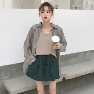Plain Camisole Top / Pocket Detail Shirt / Drawstring Wide-leg Shorts