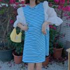 Puff-sleeve Paneled Striped A-line Dress