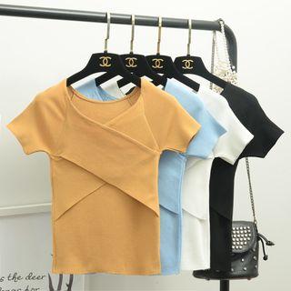 Cross Wrapped Short-sleeve Rib-knit Top