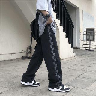 Checkered Trim Straight Leg Jeans