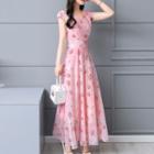 Cap-sleeve Floral Print Maxi A-line Chiffon Dress