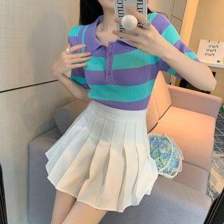 Striped Knit Polo Top / Pleated Mini A-line Skirt