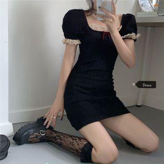 Lace Trim Puff Short-sleeve Mini Dress
