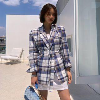 Plaid Linen Longline Blazer With Belt