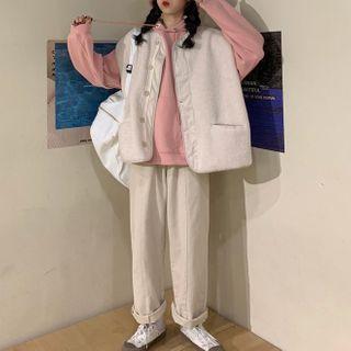 Lettering Hoodie / Button Vest / Straight-fit Pants
