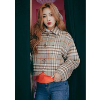 Collared Buttoned Wool Blend Plaid Jacket Orange - One Size