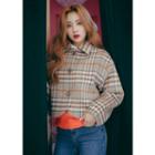 Collared Buttoned Wool Blend Plaid Jacket Orange - One Size