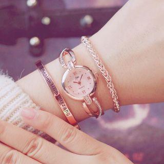 Set: Rhinestone Accent Bracelet Watch + Chain Bracelet + Lettering Bangle