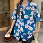 Elbow-sleeve Floral Print Open-collar Shirt Blue - One Size