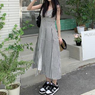 Sleeveless Gingham Check Midi Smock Dress Black & White - One Size