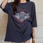 Loose-fit Short Sleeve Printed T-shirt Navy Blue - One Size