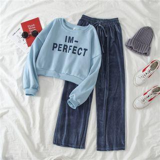 Set: Lettering Print Sweatshirt + Velvet Sweatpants
