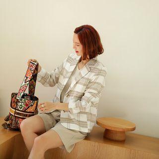 Notched-lapel Checked Linen Jacket Beige - One Size