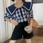 Elbow-sleeve Plaid Blouse Check - Blue & White - One Size