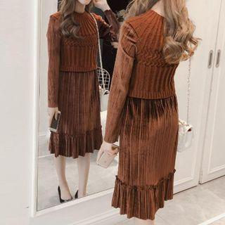 Mock Two Piece Long-sleeve Velvet Midi Dress