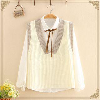 Set: Bow-neck Long-sleeve Shirt + Contrast-trim Knit Vest