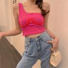 One-shoulder Plain Cropped Knit Top Rose Pink - One Size