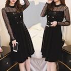 Lace Panel Long-sleeve Velvet Mini A-line Dress