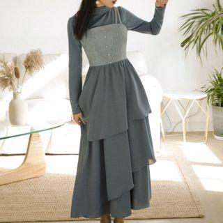 Set: Mock-turtleneck Long-sleeve Midi A-line Dress + Camisole Top