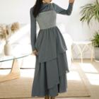 Set: Mock-turtleneck Long-sleeve Midi A-line Dress + Camisole Top
