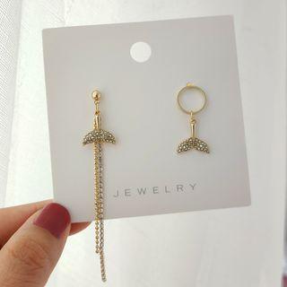Non-matching Rhinestone Mermaid Tail Dangle Earring 1 Pair - 925 Silver Stud - Gold - One Size