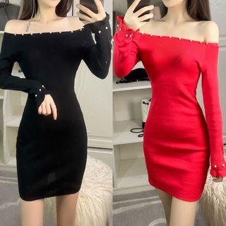 Faux Pearl Boatneck Mini Knit Sheath Dress
