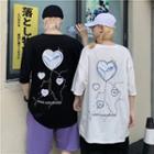 Couple Matching Elbow-sleeve Heart Pattern Print T-shirt