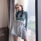 Long-sleeve Semi High-neck Skinny Shirt