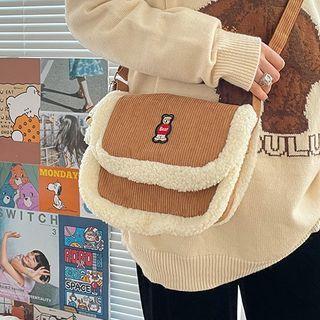 Fleece Trim Bear Embroidered Crossbody Bag
