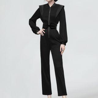 Set: Puff-sleeve Zipped Blouse + Cropped Straight Leg Pants