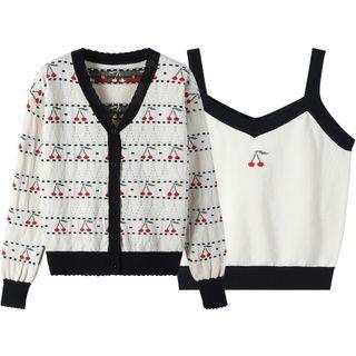 Set: Cherry Jacquard Knit Camisole + Cardigan Camisole Top - White - One Size / Cardigan - White - One Size