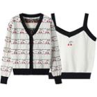 Set: Cherry Jacquard Knit Camisole + Cardigan Camisole Top - White - One Size / Cardigan - White - One Size