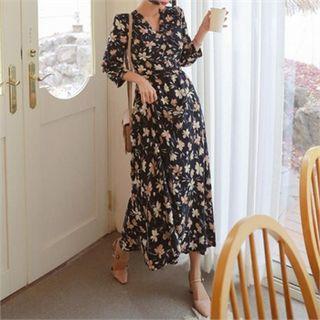 3/4-sleeve Floral Maxi Wrap Dress Navy Blue - One Size