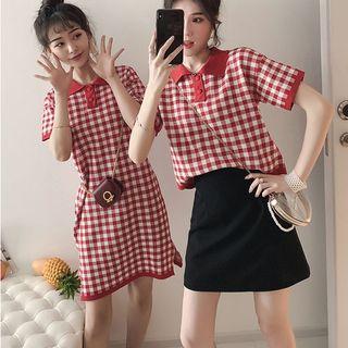 Contrast Trim Plaid Polo Shirt Knit Dress
