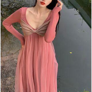 Long-sleeve Bow Knit Panel A-line Mesh Dress