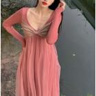 Long-sleeve Bow Knit Panel A-line Mesh Dress
