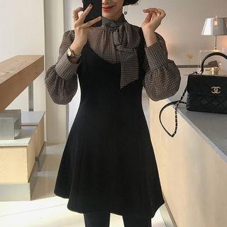 Tie Neck Plaid Blouse / V-neck A-line Pinafore Dress