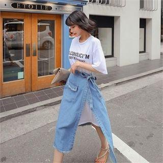 Set: Lettering T-shirt Dress + Denim Surplice-wrap Skirt