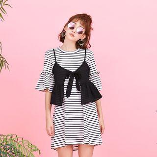Ruffle Elbow-sleeve Stripe T-shirt Dress