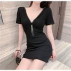 Short-sleeve V-neck Mini Sheath Dress Black - One Size