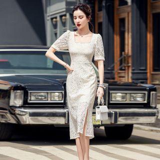 Elbow-sleeve Square-neck Lace Sheath Dress