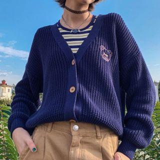 Bear-print Long-sleeve V-neck Cardigan
